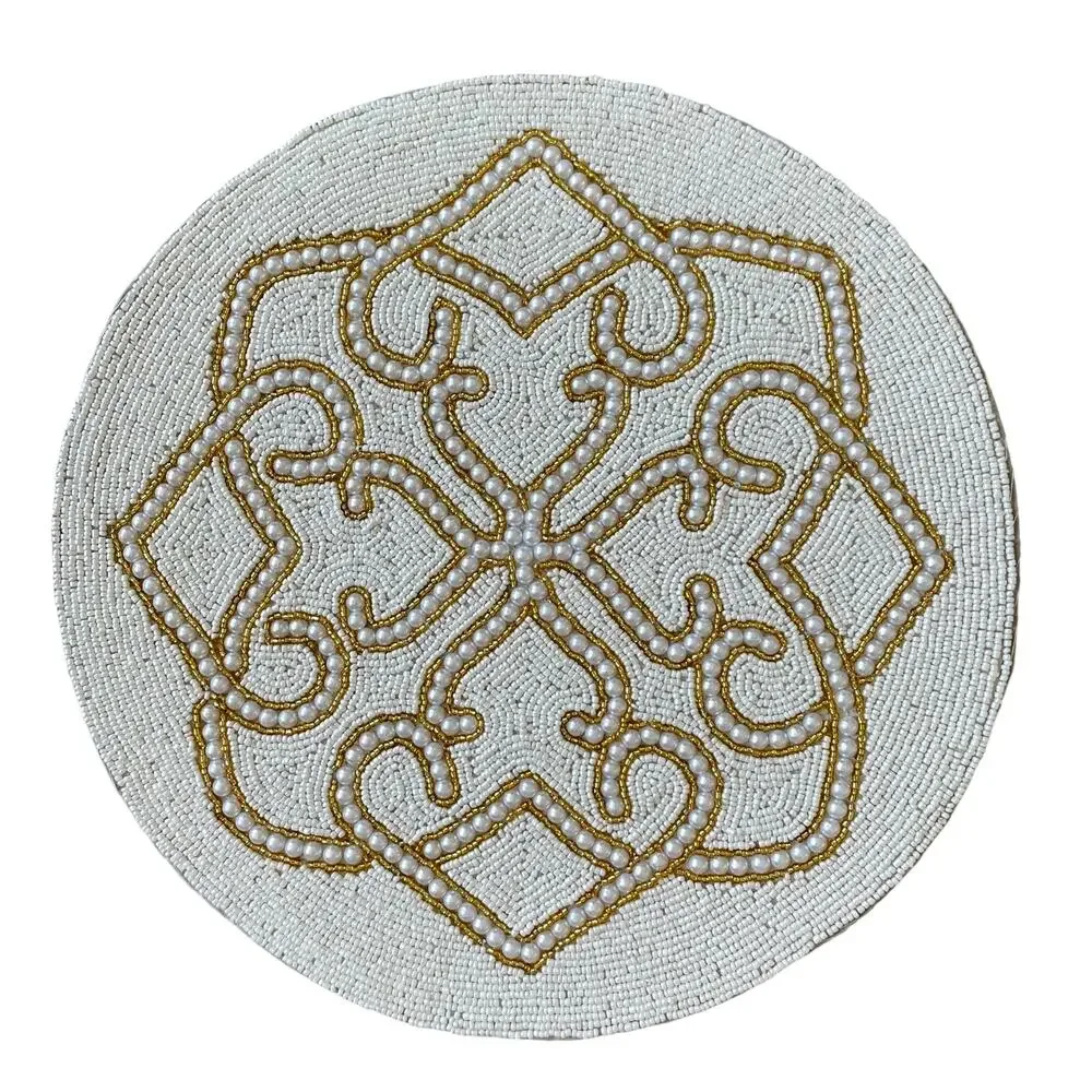 TIRAMISU Handmade Beaded 15in Round Placemat Charger Glam White & Gold NEW